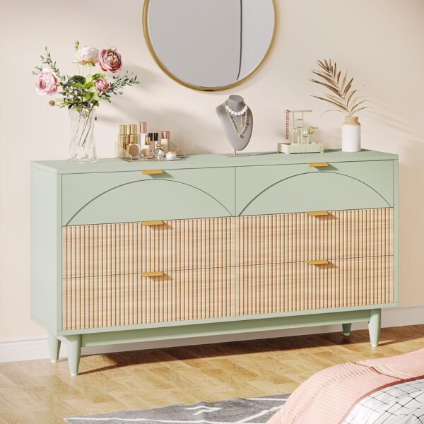 Tribesigns 6-Drawer Dresser for Bedroom: 55 Inches Modern Chest of Drawers with Gold Metal Handles, Green Long Double Dresser Organizer Wood Cabinet for Bedroom, Closet, Living Room - Image 3
