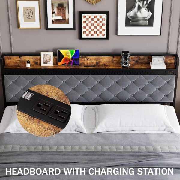 King Size Metal Platform Bed Frame, Headboard and 2 Drawers, with Led Lights, USB Interfaces and Sockets, Mute Design, No Box Spring Needed, Grey - Image 4
