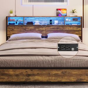 King Size Bed Frame with Storage Headboard, King Bed Frame with USB Ports & Charging Outlets, Upgraded 2-Row Support Bars, No Box Spring Needed, Vintage Brown&Black