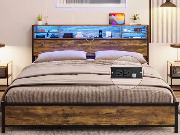King Size Bed Frame with Storage Headboard, King Bed Frame with USB Ports & Charging Outlets, Upgraded 2-Row Support Bars, No Box Spring Needed, Vintage Brown&Black