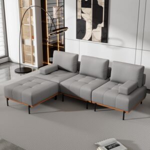 P PURLOVE Modern 3 Seater Sectional Sofa, L Shape Sofa with Comfortable Soft Back and Armrest, Modern Luxury Palomino Couch with Removable Ottoman for Living Room Bedroom (Grey)