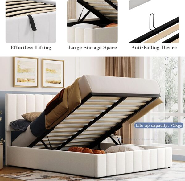 Merax Upholstered Gas Lift Up Storage Platform Bed : Queen Size Bed with Tufted Headboard Wooden Slat Support and Under Bed Storage,White - Image 4