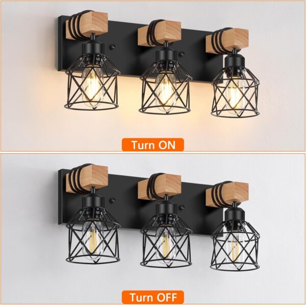 FadimiKoo 3-Light Farmhouse Vanity Light for Bathroom, Wood Bathroom Light Fixtures Over Mirror, Industrial Black Vanity Light with Metal Lampshade for Bedroom Hallway Living Room - Image 4