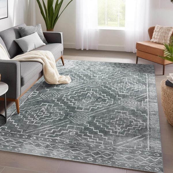 jinchan Moroccan Area Rug 5x7 - Washable Rug Low Pile Bedroom Rug Ultra-Thin Faux Wool Non-Slip Modern Soft Accent Rug Indoor Carpet for Living Room Kitchen Dining Room Farmhouse Office Dark Grey