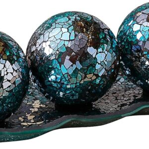 KMwares 12.4” Mosaic Glass Decorative Tray Dish Plate with 3pcs 3" Decorative Orbs Balls Sphere Decor for Living Room or Dining Coffee Table Mantle Decor Centerpiece (Turquoise)
