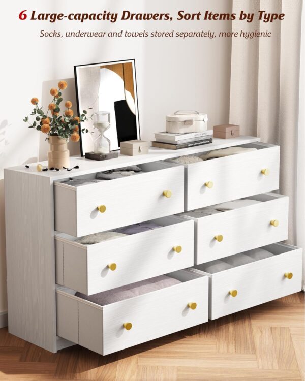 Nicehill Dresser for Bedroom with 6 Drawers, Fabric Storage Tower, Dresser & Chest of Drawers Organizer, Storage Cabinet for Hallway, Closets, Living Room,White Dresser Wooden（White） - Image 4
