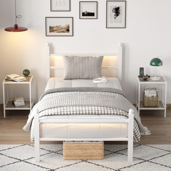 Twin Bed Frame with Headboard and Footboard,Heavy Duty Steel Slats Support Metal Bed Frame with Charging Station,White - Image 3
