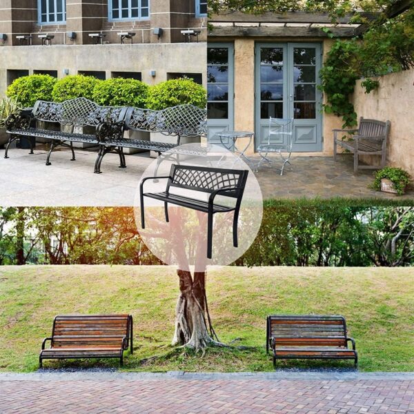 Garden Bench,Outdoor Benches,Iron Steel Frame Patio Bench with Mesh Pattern and Plastic Backrest Armrests for Lawn Yard Porch Work Entryway,Black - Image 7
