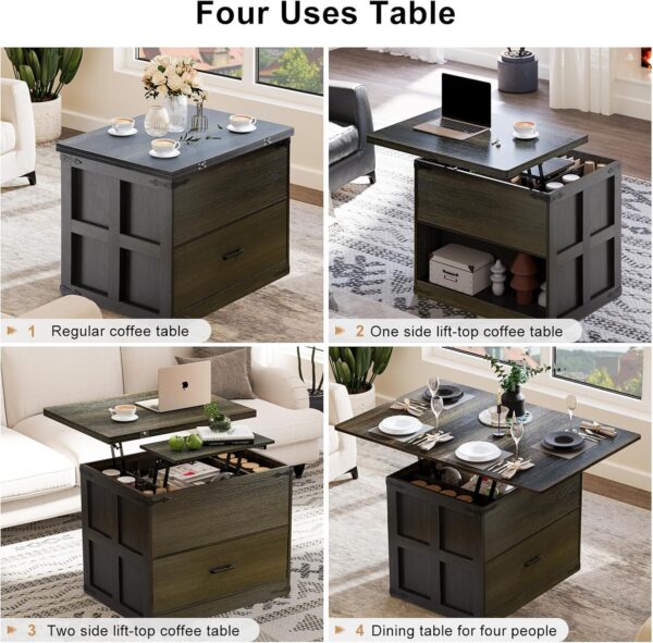 FABATO Lift Top Coffee Table, Farmhouse Coffee Table, Convertible Coffee Table with Storage and Drawer, Multifunctional Center Table Converts to Dining Game Table for Living Room, Dark Gray - Image 6