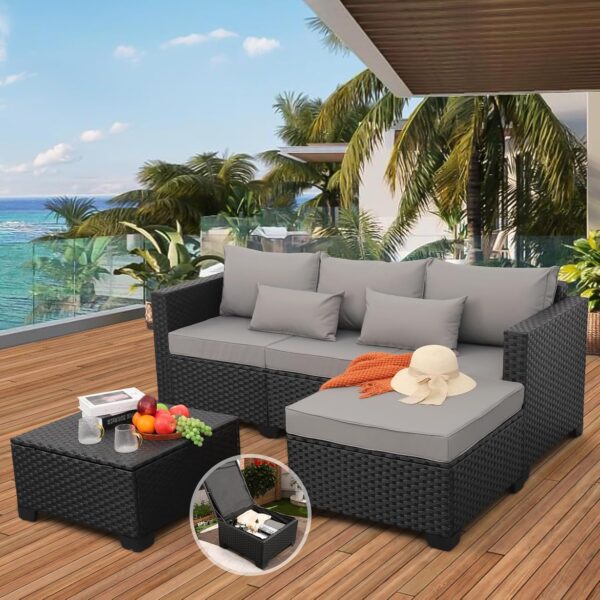 Rattaner 3 Pieces Patio Furniture Set Outdoor Sectional Wicker Patio Furniture Patio Couch with Ottoman and Outdoor Storage Table All-Weather Anti-Slip Cushions Waterproof Covers, Light Grey - Image 2