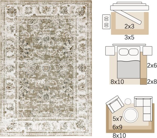 jinchan Area Rug 9x12 Washable Living Room Rug - Taupe Floral Print Vintage Large Rug Indoor Distressed Stain Resistant - Boho Carpet Thin Rug Bedroom Dining Room Office Farmhouse - Image 2