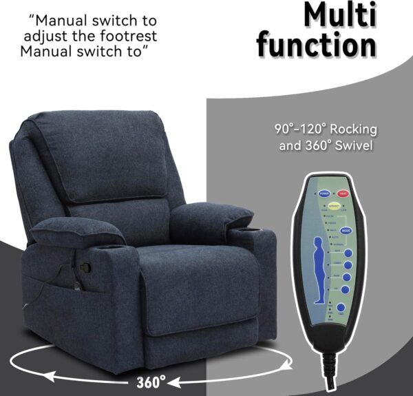 Swivel Glider Recliner Chair for Adults,Manual Recliner with Massage and Heat, Linen Cotton Fabric Ergonomic Lounge Chair with Cup Holder for Living Room, Bedroom, Nursery, Navy Blue - Image 3