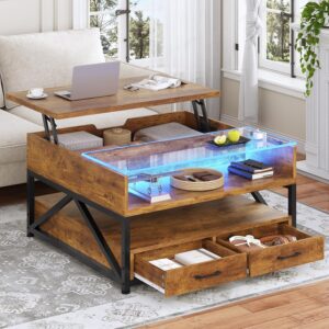 Itaar 31.5" Lift Top Coffee Table, Square Coffee Tables for Living Room, LED Coffee Table with Large Hidden Storage Compartment and Open Shelves, Rustic Brown