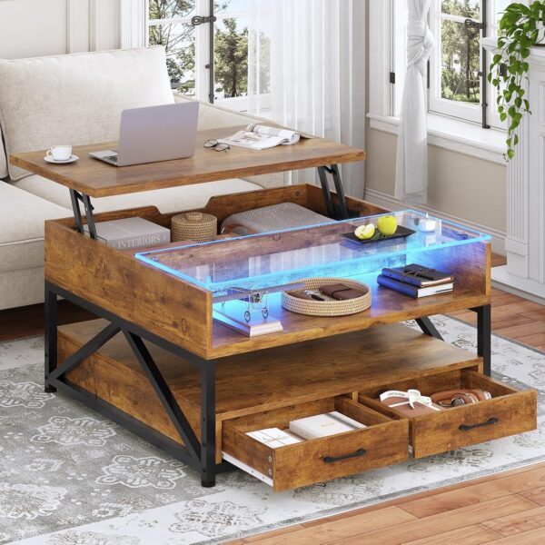 Itaar 31.5" Lift Top Coffee Table, Square Coffee Tables for Living Room, LED Coffee Table with Large Hidden Storage Compartment and Open Shelves, Rustic Brown