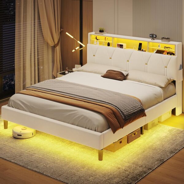Full Size Bed Frame with Headboard Storage & LED Lights, Platform Bed Frame Full Size with Charging Station, Velvet Upholstered Bed with Shelf Headboard, No Box Spring Needed, Creamy White - Image 7