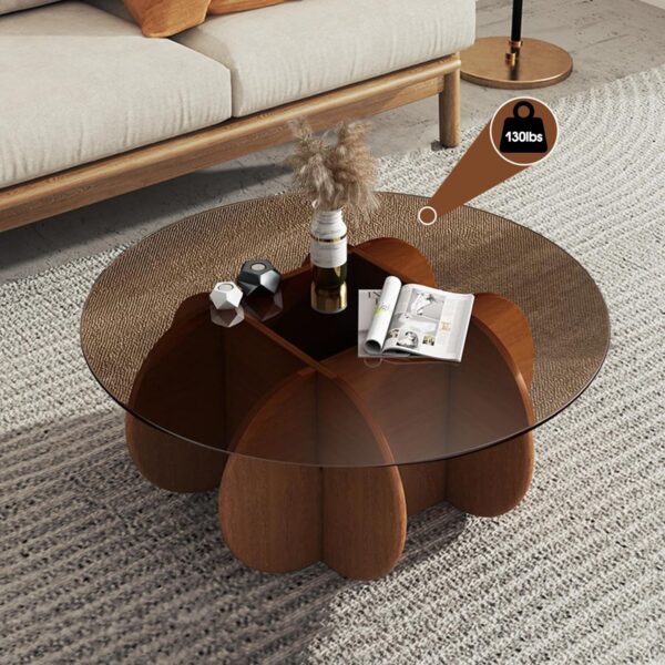 Modern Round Coffee Table with Solid Wood Legs, 31.5'' Glass Coffee Tables for Living Room Rustic Circle Center Cocktail Table with Tempered Glass-Top, Unique Accent Table for Small Spaces - Image 5