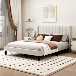 Queen Size Bed Frame with Upholstered Wingback Headboard, Easy Assemnly Platform Bed, Wooden Slat Support No Box Spring Needed, Light Gray