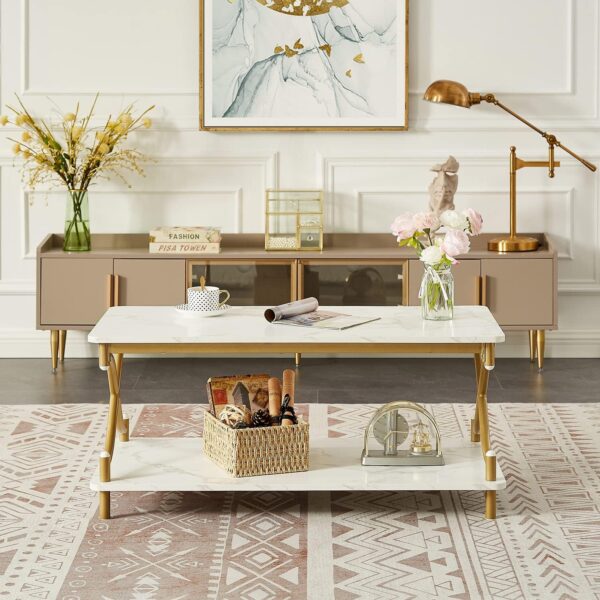 VECELO White and Gold Coffee Table with Storage and Open Shelves for Living Dining Room 39-Inch, Modern Rectangle & Industrial Design, X-Shape Frame, Easy Assemble - Image 4