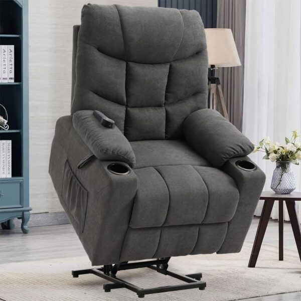 Power Lift Recliner Chair with Massage & Heat for Elderly, Linen Fabric Lazy Recliner Sofa Chairs with Cup Holders/USB/Side Pockets for Living Room, Dark Grey - Image 2