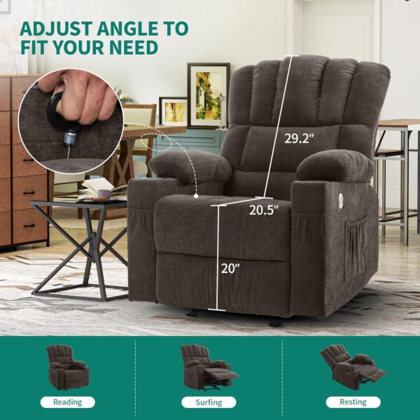 YITAHOME Glider Rocker Recliner Chair with Massage and Heat, Fabric Recliner Chair,Manual Rocking Recliner Chair with 2 Cup Holders, USB Charge Port and Side Pocket,Brown - Image 4