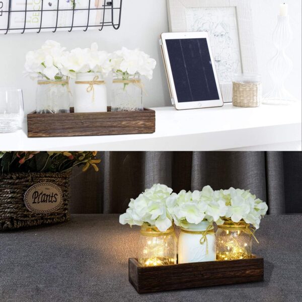Fowecelt Mason Jar Lights Table Centerpiece Decoration for Dining Room Living Room Kitchen Table Decor Wood Tray with 3 Mason Jars Flowers Farmhouse Coffee Centerpieces Table Decor - Image 6