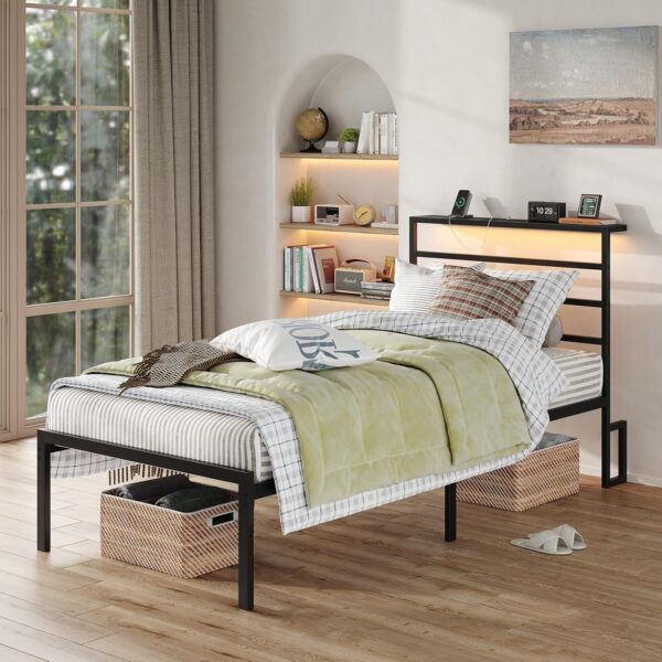 Queen Bed Frame with Headboard and Footboard,Heavy Duty Steel Slats Support Metal Bed Frame with Charging Station, Black - Image 3