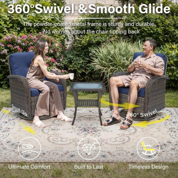 Patio Wicker Chairs Swivel Rocker - Outdoor Swivel Rocking Chairs Set of 2 with Rattan Side Table, Patio Swivel Glider Chair 3 Piece Patio Furniture Sets for Patio Porch Pool Brown/Blue - Image 3