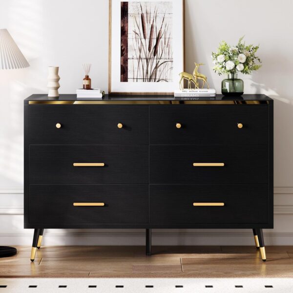 DWVO Black 6 Drawer Dresser, 47" W Large Double Dresser Chest of Drawers, Modern Wood Storage Dresser Organizer with Golden Metal Handles & Anti-Tipping Device for Hallway, Entryway, Dresser Room - Image 3