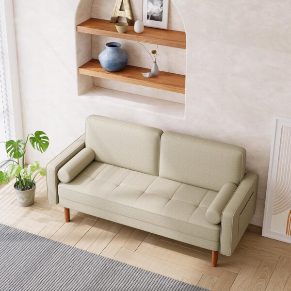 70 inch Sofa Couch, Mid Century Modern Couches for Living Room, 3 Seater Beige Couches with 2 Pillows, Upholstered Velvet Sofa for Bedroom Furniture, Home Office (Pale Yellow) - Image 3