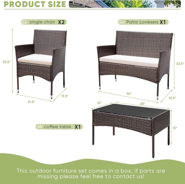 Greesum Patio Furniture 4 Pieces Conversation Sets Outdoor Wicker Rattan Chairs Garden Backyard Balcony Porch Poolside loveseat with Cushion and Glass Table, Brown and Beige - Image 7