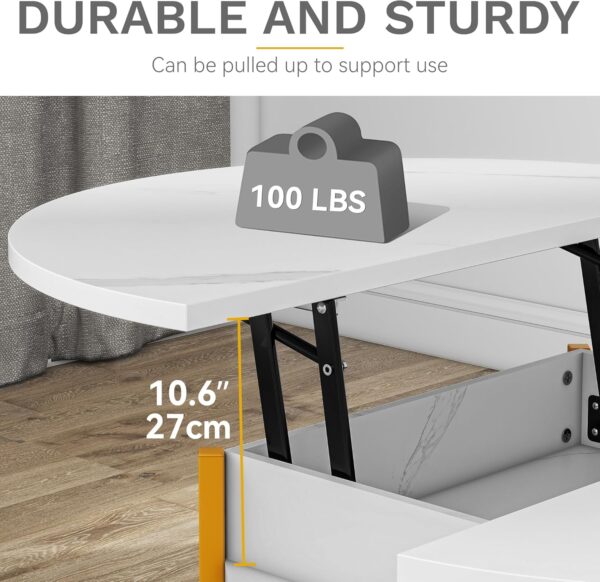 DWVO Round Coffee Table for Living Room, Lift Top Coffee Table with Hidden Compartment, Modern Coffee Table with Storage for Home Office Living Room (Marble White) - Image 6