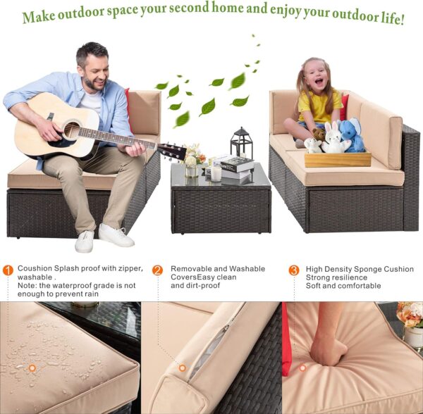 Vongrasig 5 Piece Patio Furniture Sets, All-Weather Brown PE Wicker Outdoor Couch Sectional Set, Small Conversation Set for Garden/Patio w/Ottoman, Glass Table, Red Pillow, Beige - Image 3