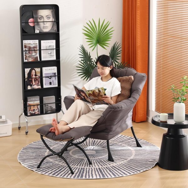 Large Lazy Chair with Ottoman, Accent Reading Chair with a Throw Pillow, Cozy Lounge Chair with Armrest, Leisure Sofa Chair for Living Room, Bedroom, Dorm, Dark Grey - Image 2