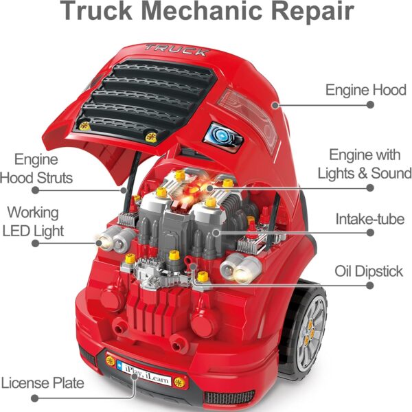 iPlay, iLearn Large Truck Engine Toy, Kids Mechanic Repair Set for 3-5 Yr Toddlers, Big Builder Kit, Take Apart Motor Vehicle Pretent Play Car Service Station, Gifts 4 6 7 8 Year Old Boy Child - Image 4