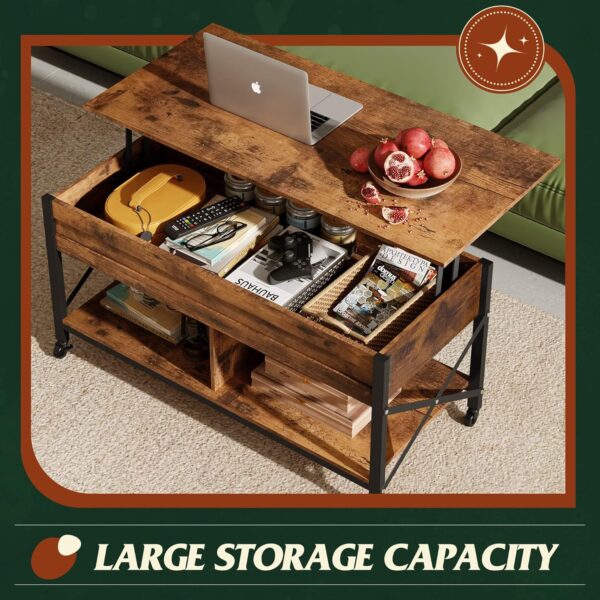 WLIVE Coffee Table, 41.3" Lift Top Coffee Table with 4 Wheels, Hidden Compartment, Storage Shelf and Lift Tabletop for Living Room, Reception Room, Rustic Brown - Image 5