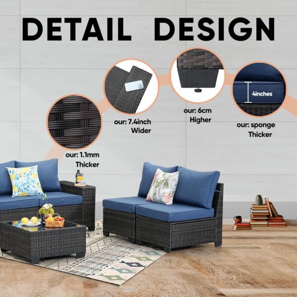 Patio Furniture Set 5 Pieces All Weather Patio Conversation Sets Wicker PE Rattan Outdoor Sectional Couch Sofa Set with Cushion Ottoman & Coffee Table for Garden, Backyard, Poolside Beige - Image 5