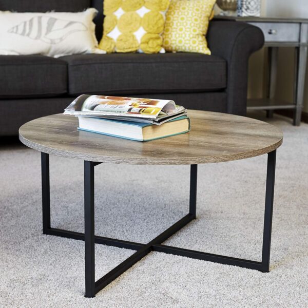 Household Essentials Jamestown Round Coffee Table Ashwood Rustic Wood Grain and Black Metal 31.5 x 31.5, Taupe - Image 4