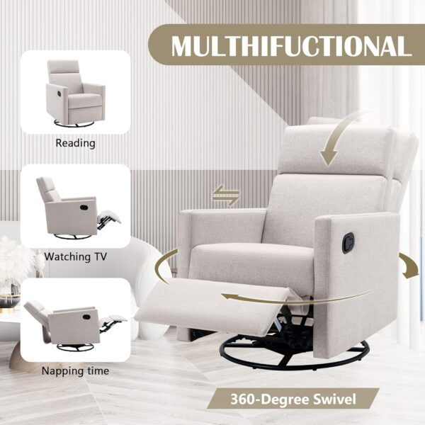 Merax Modern Soft Linen Push Back Rocker Recliner w/Headsupport Adjustable Nursery Glider Chair for Living Room, Bedroom, Set of 1, Tan-Swivel - Image 5