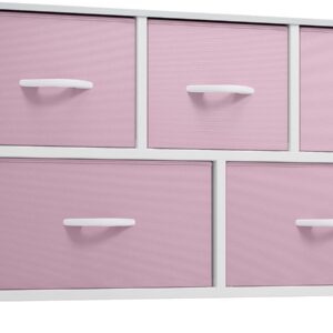 YITAHOME Wide Storage Tower with 5 Drawers - Fabric Dresser, Organizer Unit for Bedroom, Living Room, Closets & Nursery - Sturdy Steel Frame, Easy Pull Fabric Bins & Wooden Top (Pink)