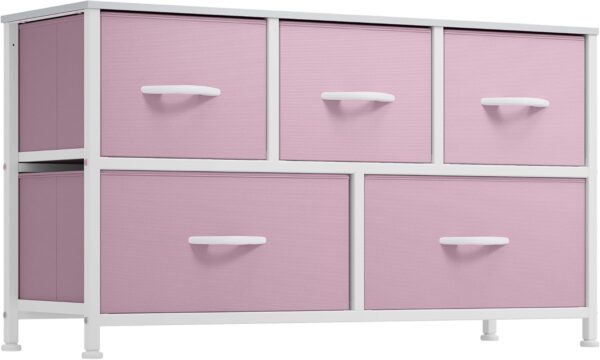 YITAHOME Wide Storage Tower with 5 Drawers - Fabric Dresser, Organizer Unit for Bedroom, Living Room, Closets & Nursery - Sturdy Steel Frame, Easy Pull Fabric Bins & Wooden Top (Pink)