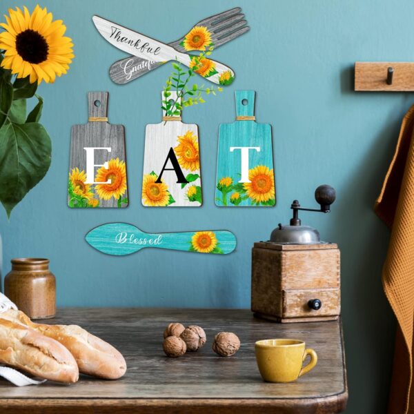 Set of 6 Sunflower Kitchen Decor Cutting Boards Dining Eat Signs Forks and Spoons Hanging Wooden Kitchen Wall Decor Dining Room Hanging Signs Rustic Farmhouse Kitchen Wall Art Decor (Gray，White，Blue) - Image 6