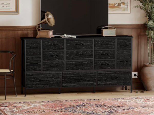 Fixwal 63.3 Inch Large Black Dresser for Bedroom, 16 Drawer Dresser, Long TV Stand for 55, 65, 70 Inch TV with Power Outlets, Fabric Chest of Drawers for Bedroom, Living Room, Entryway, Black - Image 2