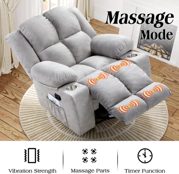 Jocisland Oversized Rocker Recliner Chair with Massage for Living Room, Overstuffed 360° Swivel Single Sofa with Detachable Cup Holders, Home Theater Seating, Light Grey - Image 6