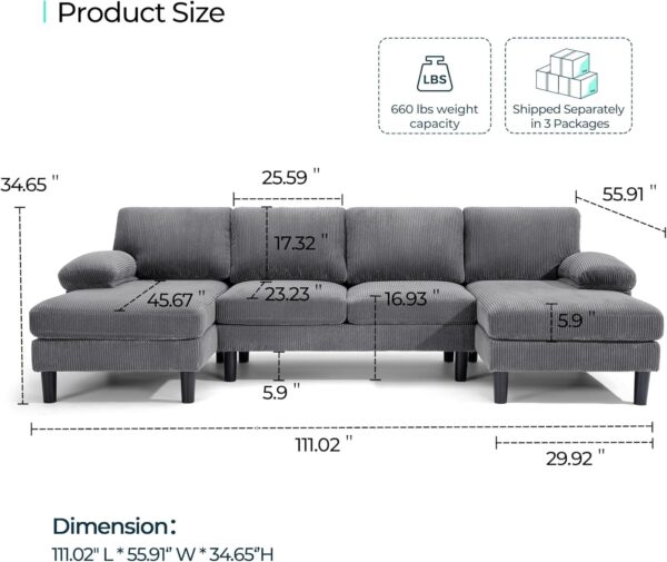 LINSY HOME Convertible Sectional Couch, Corduroy U-Shaped Sofa Couch with Double Chaises and Sleepable Armrests, 4-Seat Deep Sofa Set for Living Room, Dark Grey - Image 2