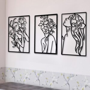 CHENGU 3 Pieces Metal Minimalist Abstract Woman Wall Art Line Drawing Wall Art Decor Single Line Female Home Hanging Wall Art Decor for Kitchen Bathroom Living Room (Floral Style)