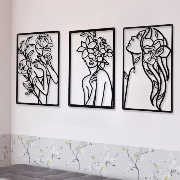 CHENGU 3 Pieces Metal Minimalist Abstract Woman Wall Art Line Drawing Wall Art Decor Single Line Female Home Hanging Wall Art Decor for Kitchen Bathroom Living Room (Floral Style)