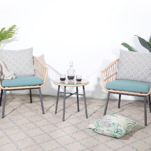 Yangming 3 Piece Patio Furniture Outdoor Conversation Bistro Set with Tempered Coffee Table and Wicker Chairs for Garden Balcony Backyard Yard Poolside (Green)