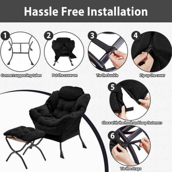 Lazy Chair with Folding Ottoman, Accent Chair Velvet Upholstered with Metal Structure and Non-Slip Pads, Sofa Armchair with Footrest and Side Storage Bag for Dorm, Room, Office, Black - Image 7
