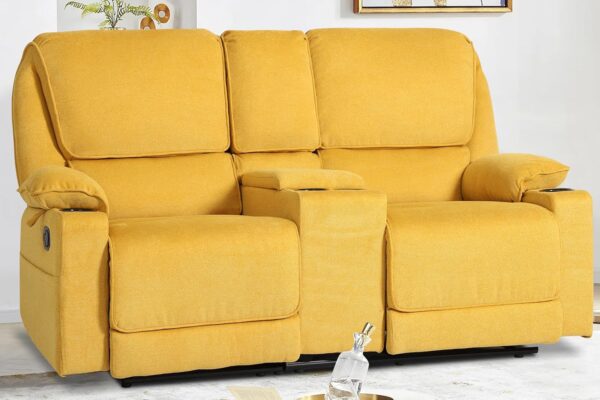 KIGOTY Reclining Sofa, 2 Seater Manual Recliner Sofa with Cup Holders, Manual Reclining Loveseat Home Theater Seating Sofa Couch Sets for Living Room,Lemon Yellow
