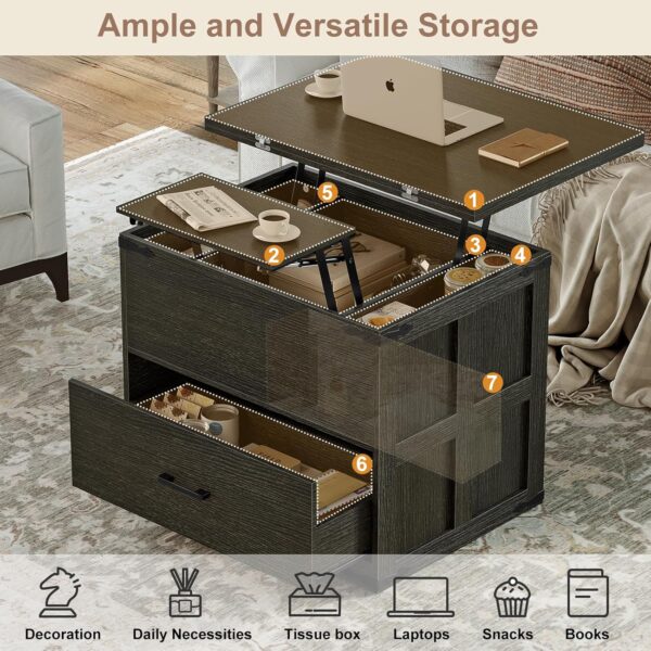 FABATO Lift Top Coffee Table, Farmhouse Coffee Table, Convertible Coffee Table with Storage and Drawer, Multifunctional Center Table Converts to Dining Game Table for Living Room, Dark Gray - Image 5